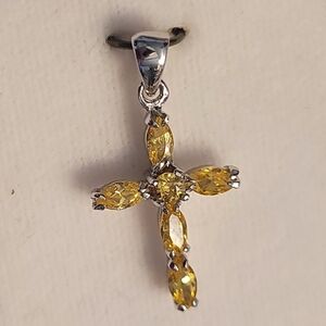 Elegant Sterling Silver with Citrine Yellow Gemstones Cross Pendant